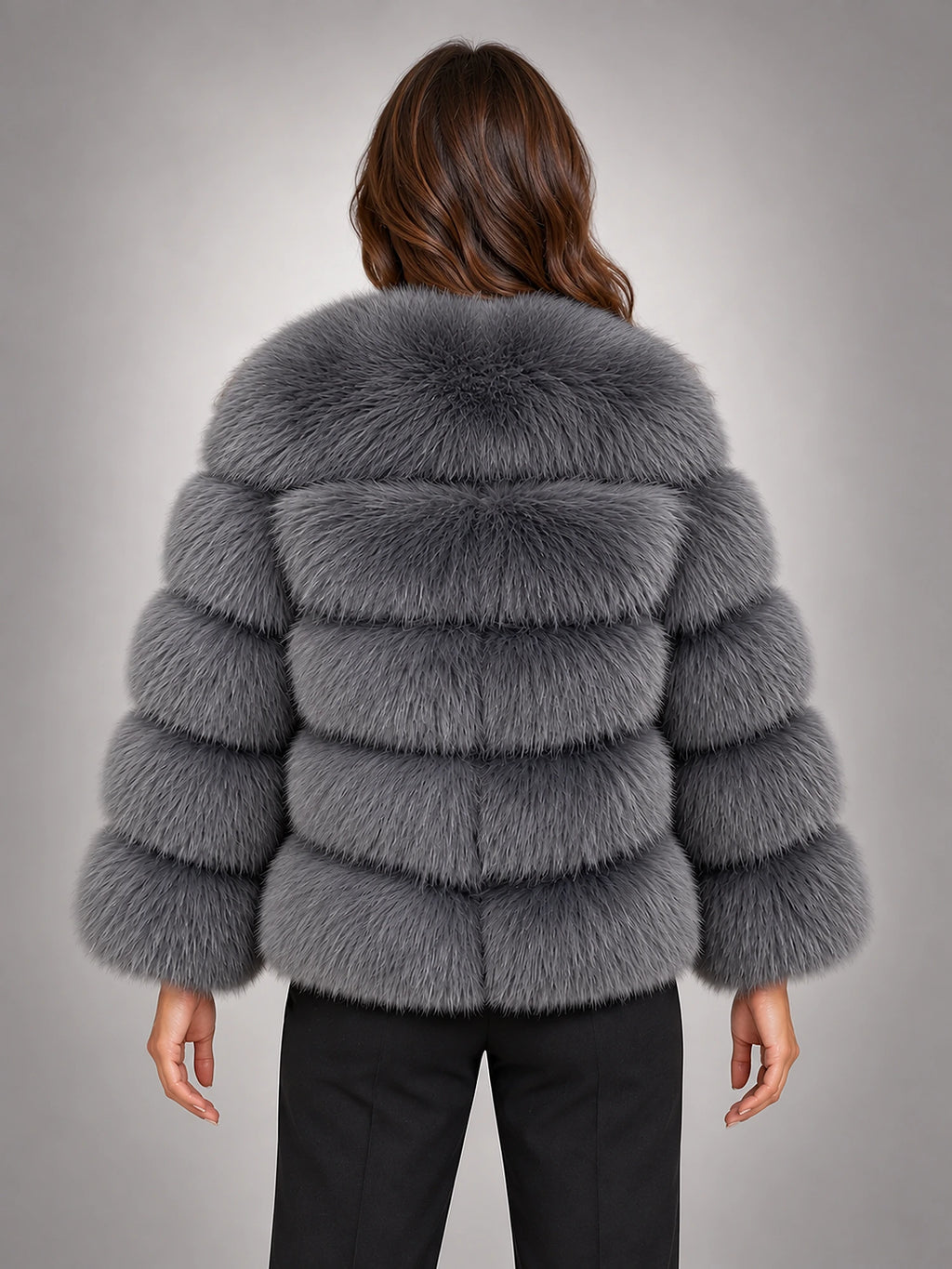 Women's Faux Fur Coat – Short Fluffy Jacket in Dark Grey — back view