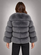 Women's Faux Fur Coat – Short Fluffy Jacket in Dark Grey — back view