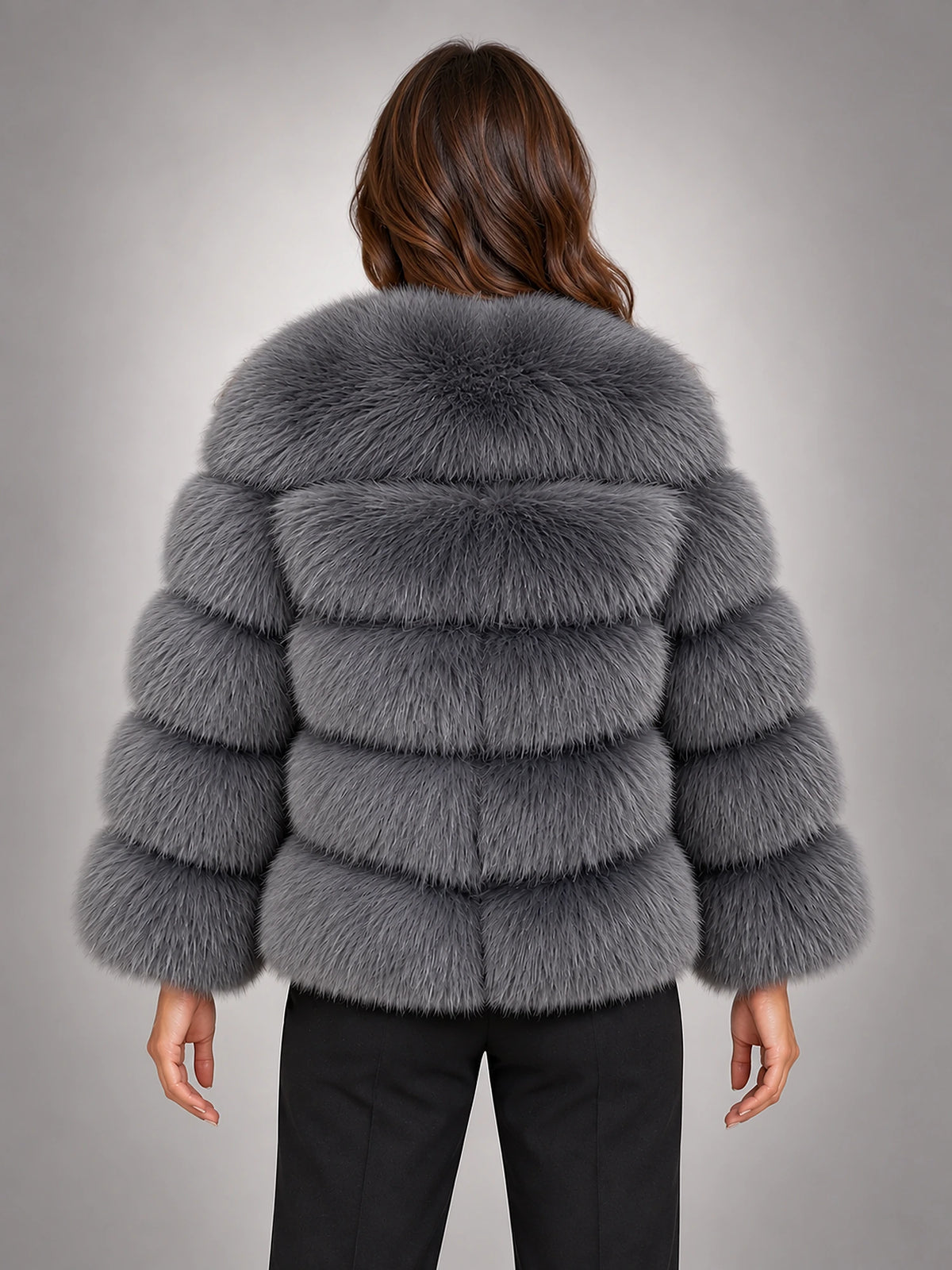 Women's Faux Fur Coat – Short Fluffy Jacket in Dark Grey — back view