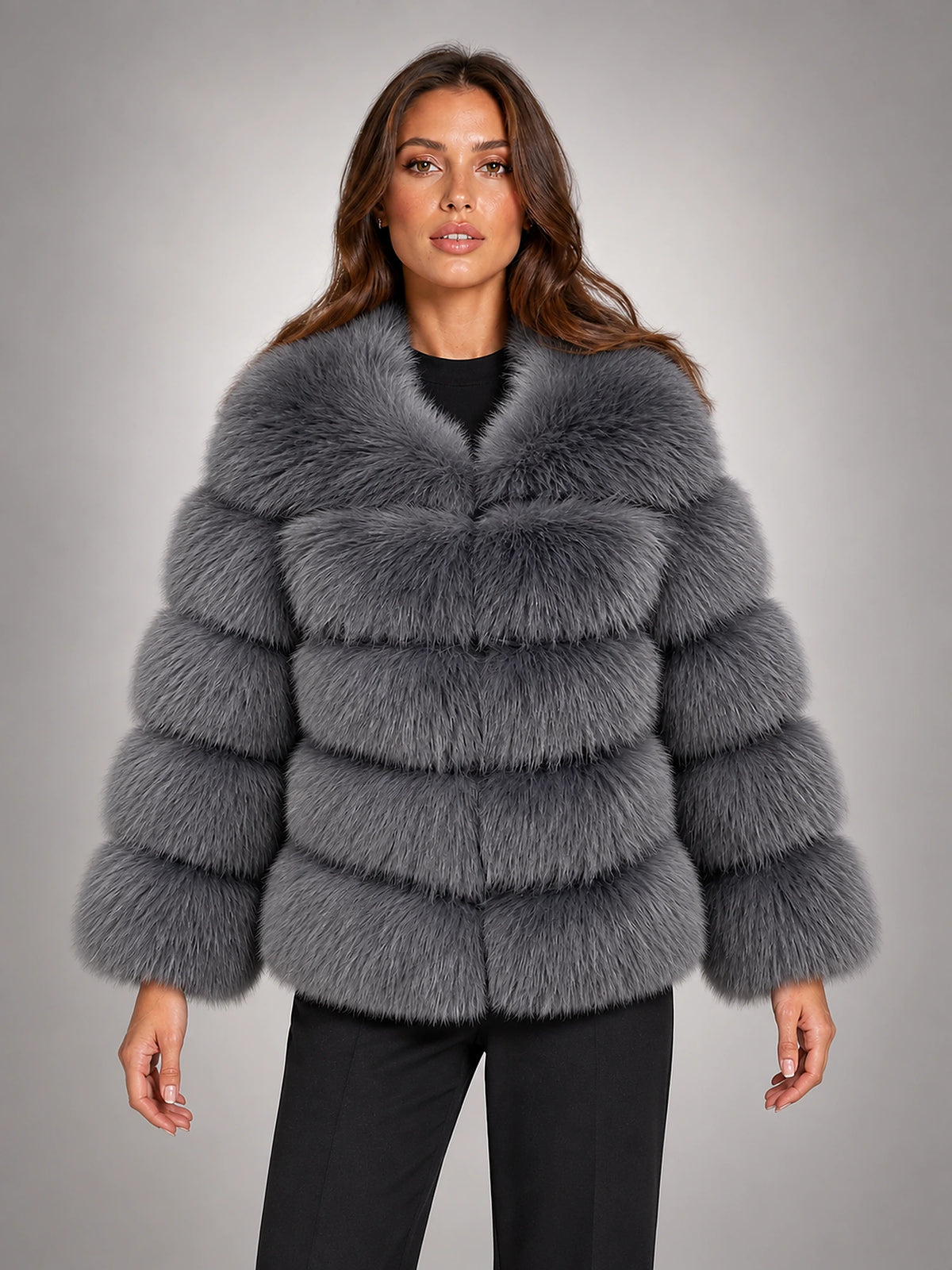 Women's Faux Fur Coat – Short Fluffy Jacket in Dark Grey — front view