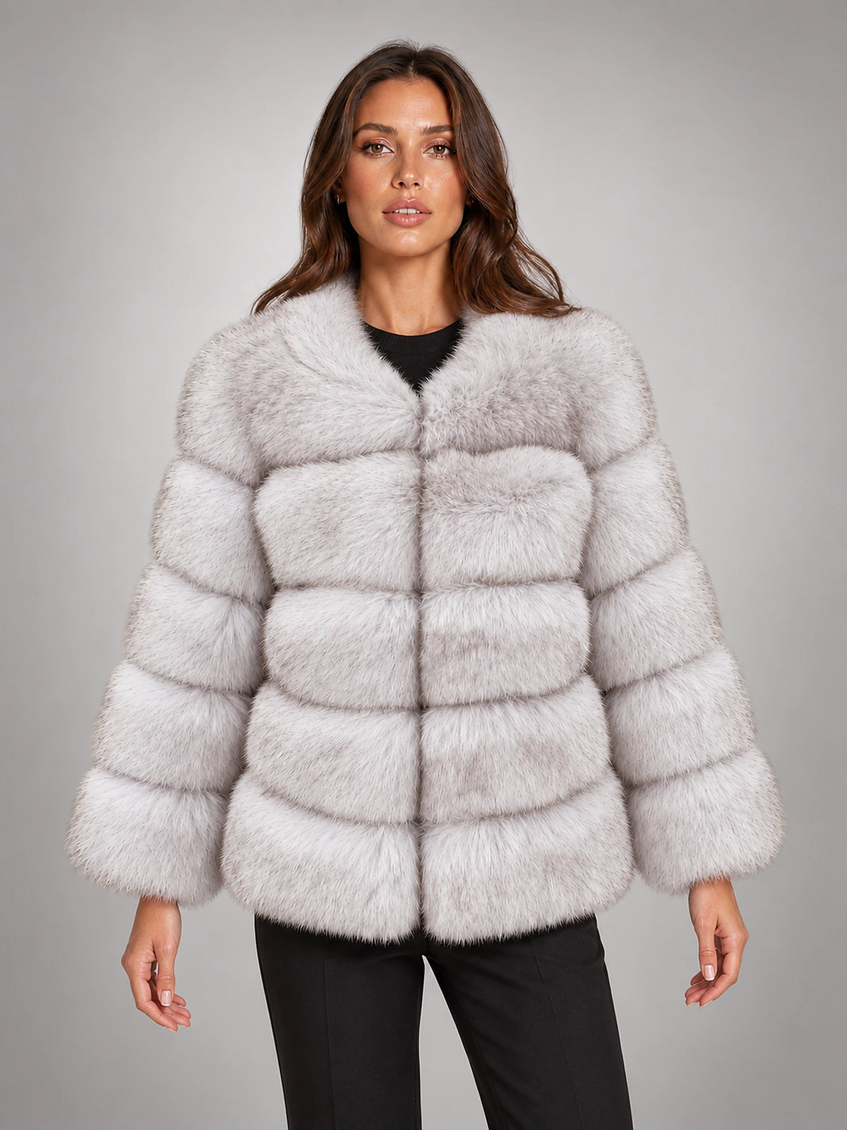 Women's Faux Fur Coat – Short Fluffy Jacket in Fox Tipped — front view