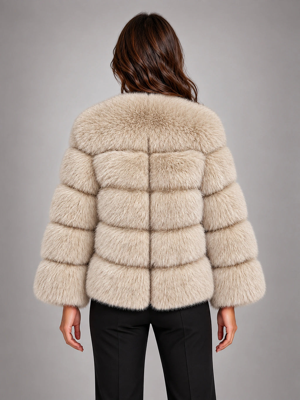 Women's Faux Fur Coat – Short Fluffy Jacket in Khaki — back view