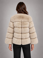 Women's Faux Fur Coat – Short Fluffy Jacket in Khaki — back view