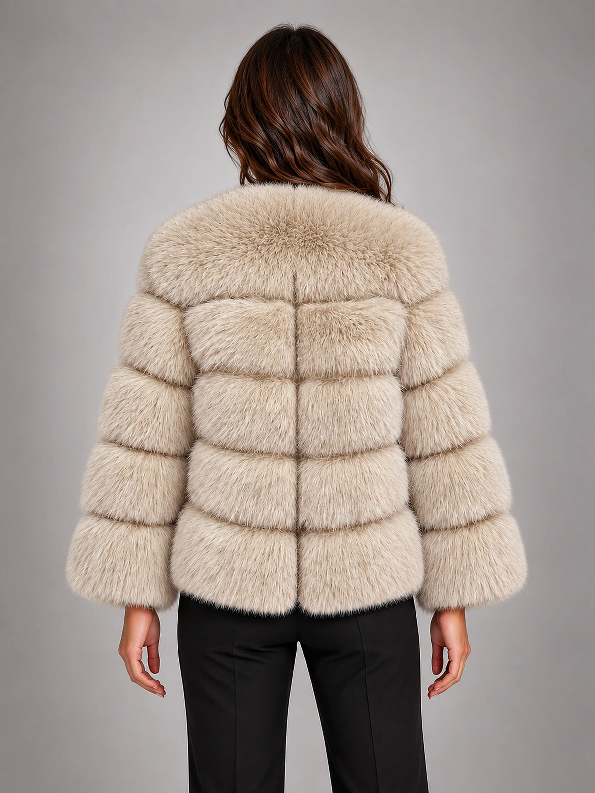 Women's Faux Fur Coat – Short Fluffy Jacket in Khaki — back view