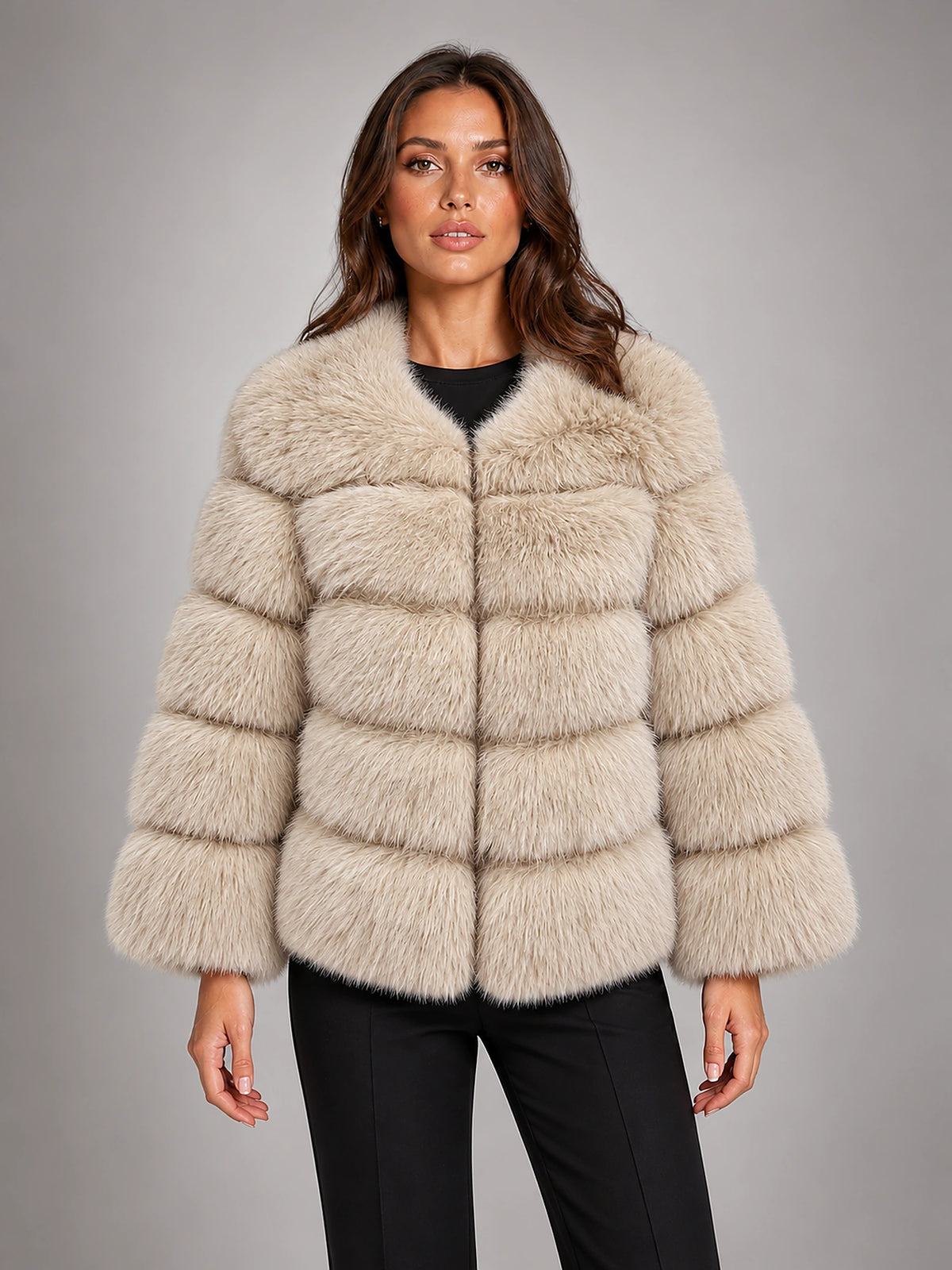 Women's Faux Fur Coat – Short Fluffy Jacket in Khaki — front view