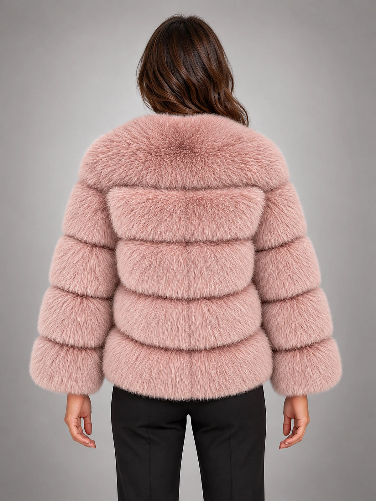 Women's Faux Fur Coat – Short Fluffy Jacket in Lotus Pink — back view