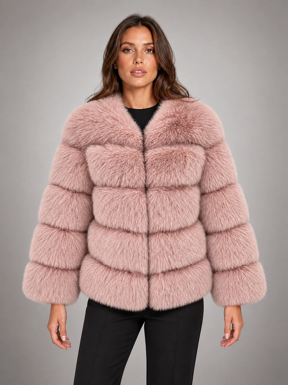 Women's Faux Fur Coat – Short Fluffy Jacket in Lotus Pink — front view