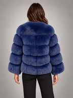 Women's Faux Fur Coat – Short Fluffy Jacket in Navy Blue — back view
