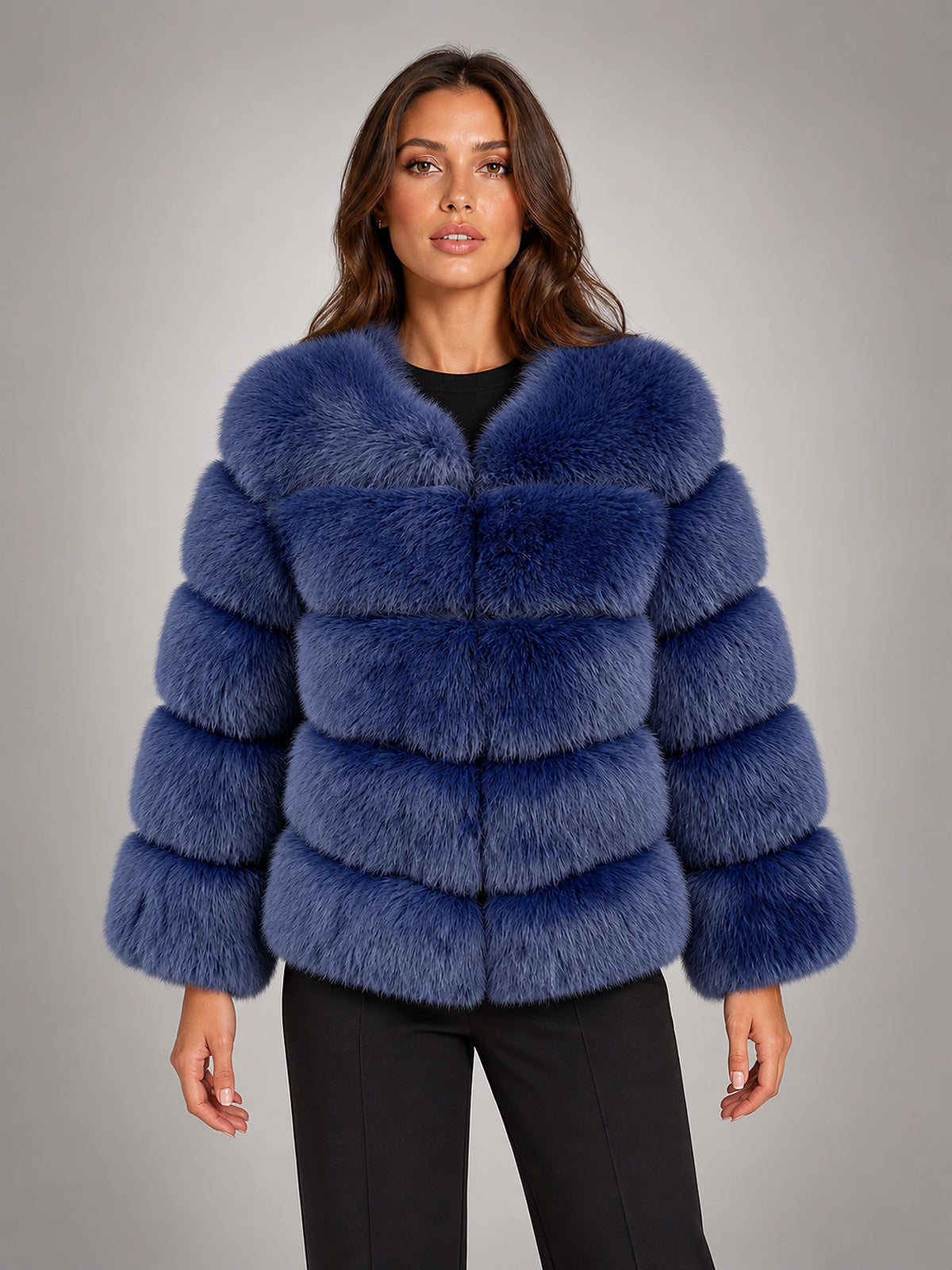 Women's Faux Fur Coat – Short Fluffy Jacket in Navy Blue — front view