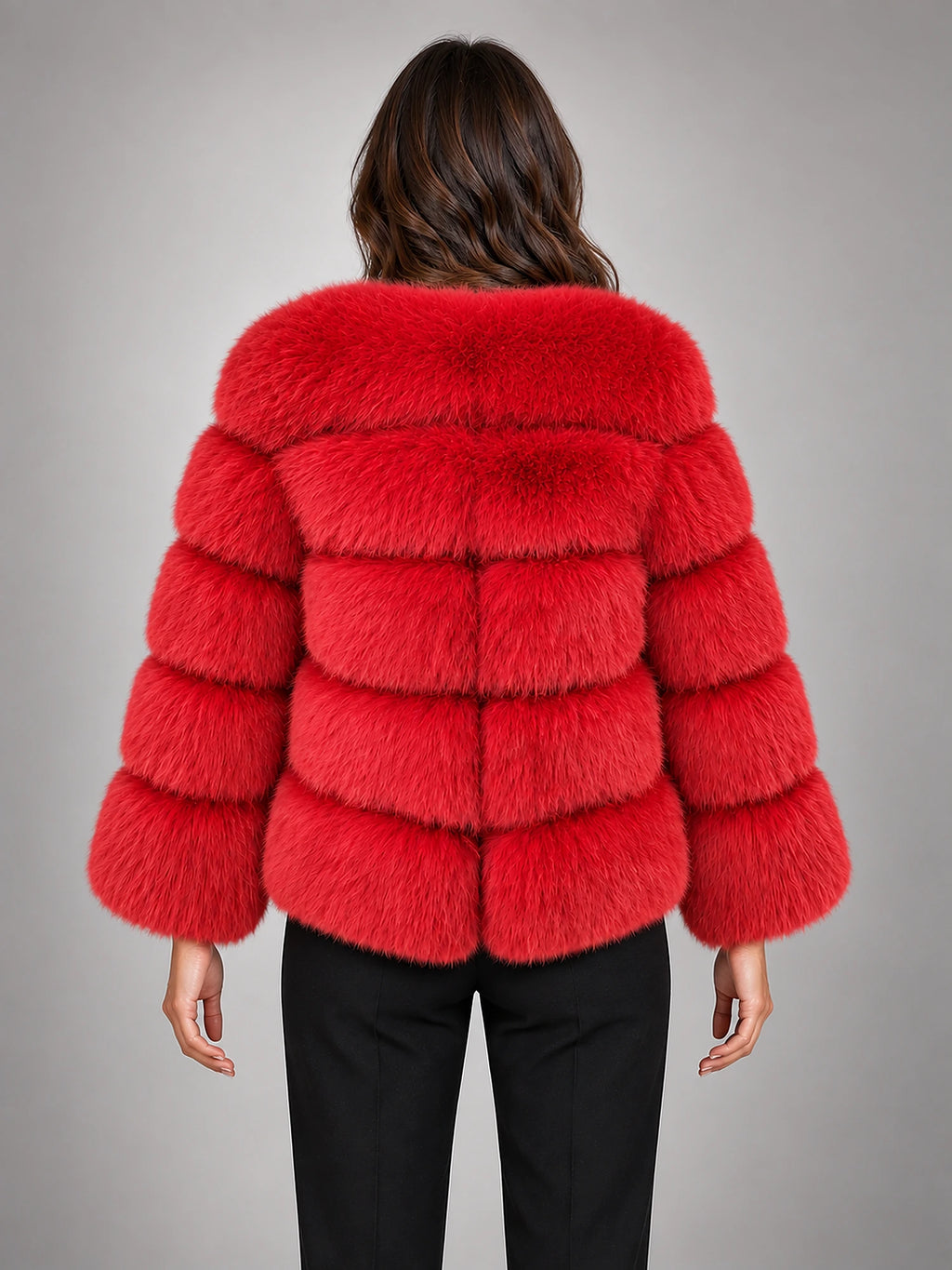 Women's Faux Fur Coat – Short Fluffy Jacket in Red — back view