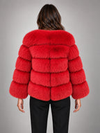 Women's Faux Fur Coat – Short Fluffy Jacket in Red — back view