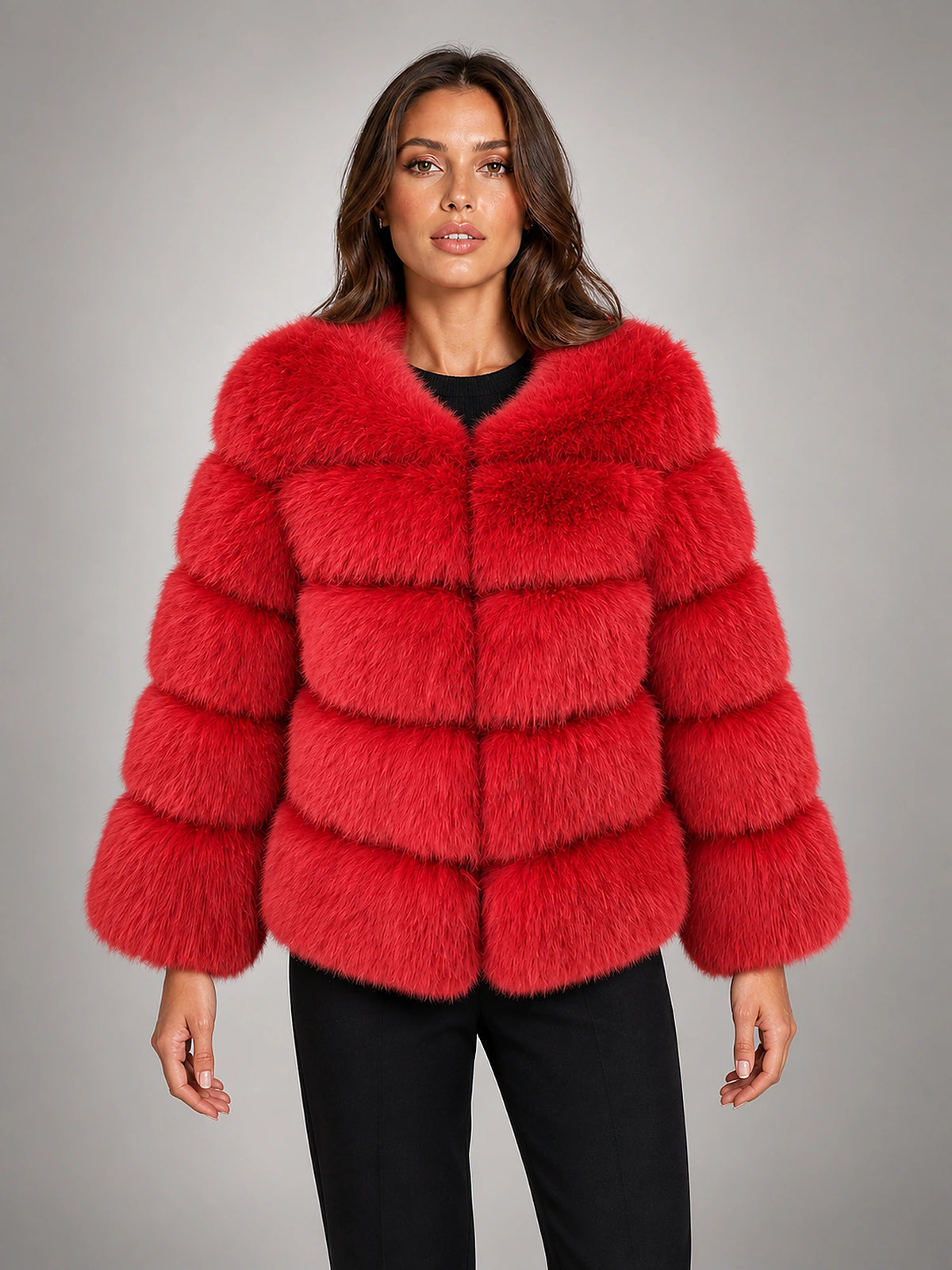 Women's Faux Fur Coat – Short Fluffy Jacket in Red — front view
