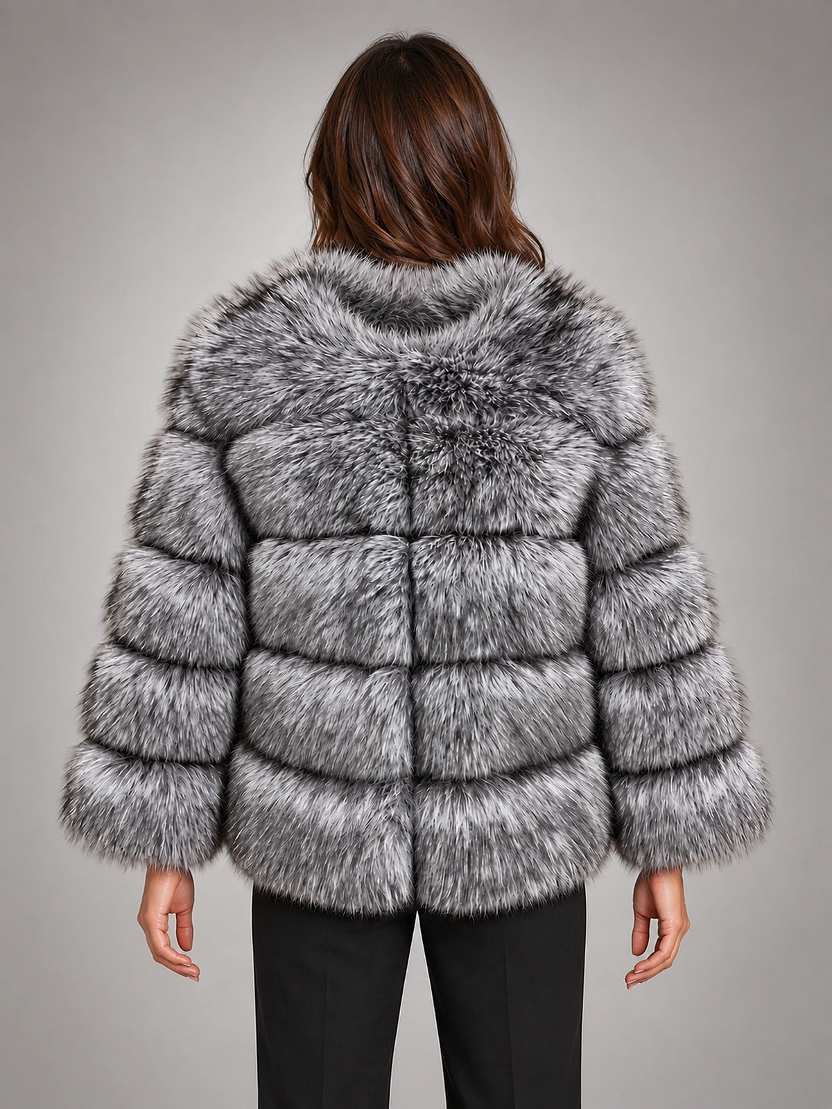Women's Faux Fur Coat – Short Fluffy Jacket in Silver Fox — back view