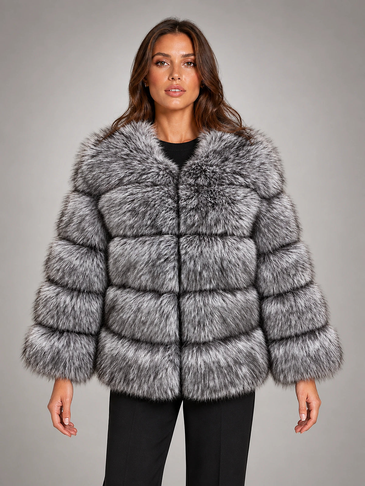Women's Faux Fur Coat – Short Fluffy Jacket in Silver Fox — front view