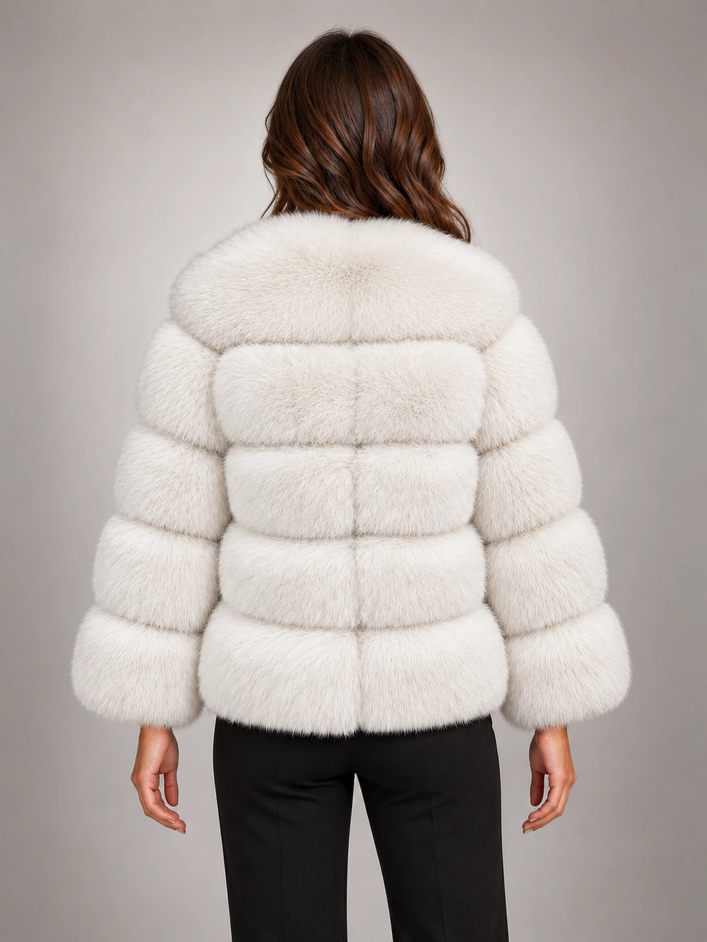 Women's Faux Fur Coat – Short Fluffy Jacket in White — back view
