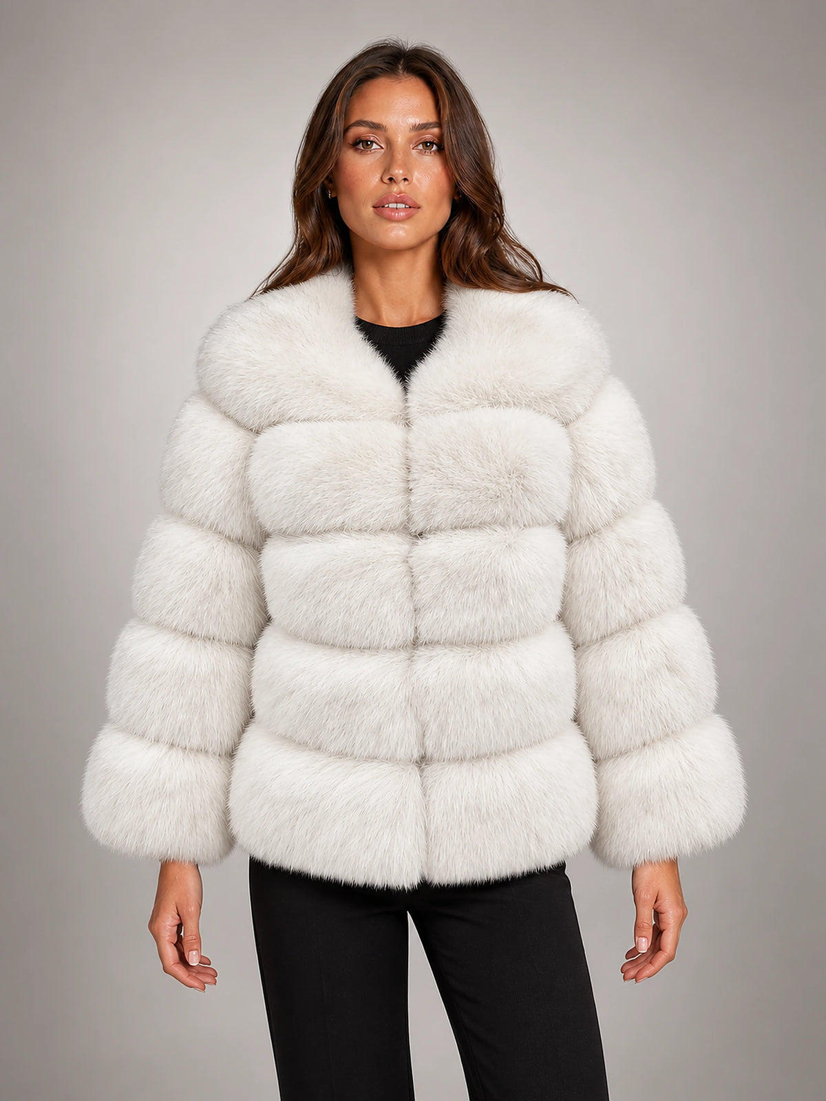 Women's Faux Fur Coat – Short Fluffy Jacket in White — front view