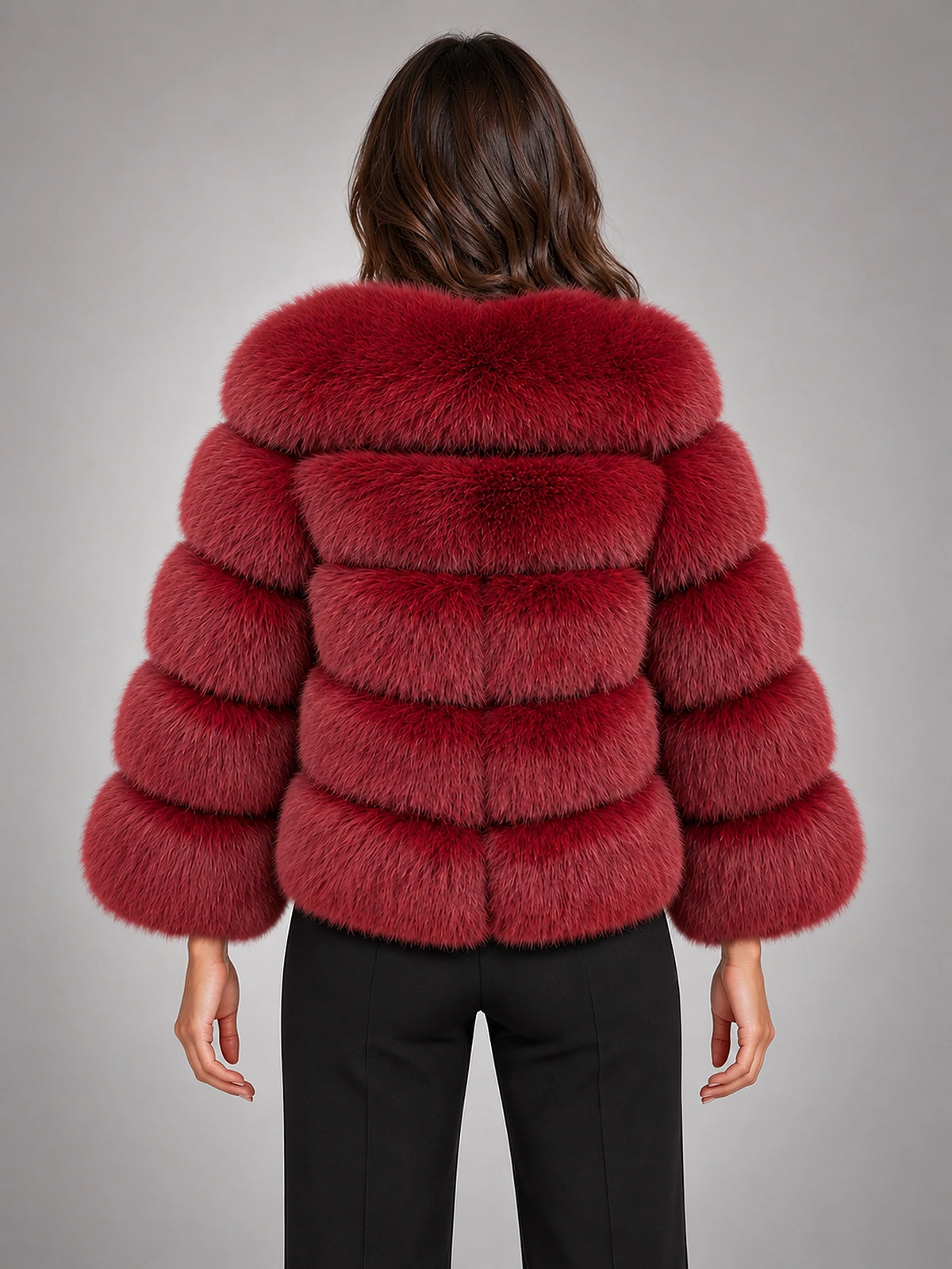 Women's Faux Fur Coat – Short Fluffy Jacket in Wine Red — back view