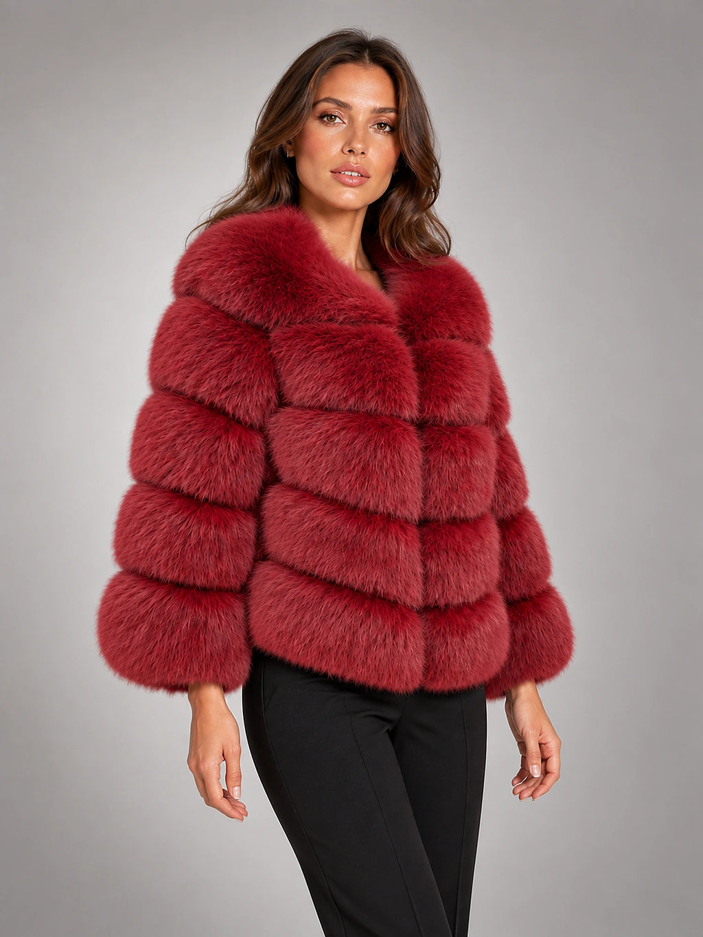 Women's Faux Fur Coat – Short Fluffy Jacket in Wine Red — alternate view