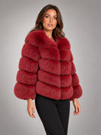 Women's Faux Fur Coat – Short Fluffy Jacket in Wine Red — alternate view