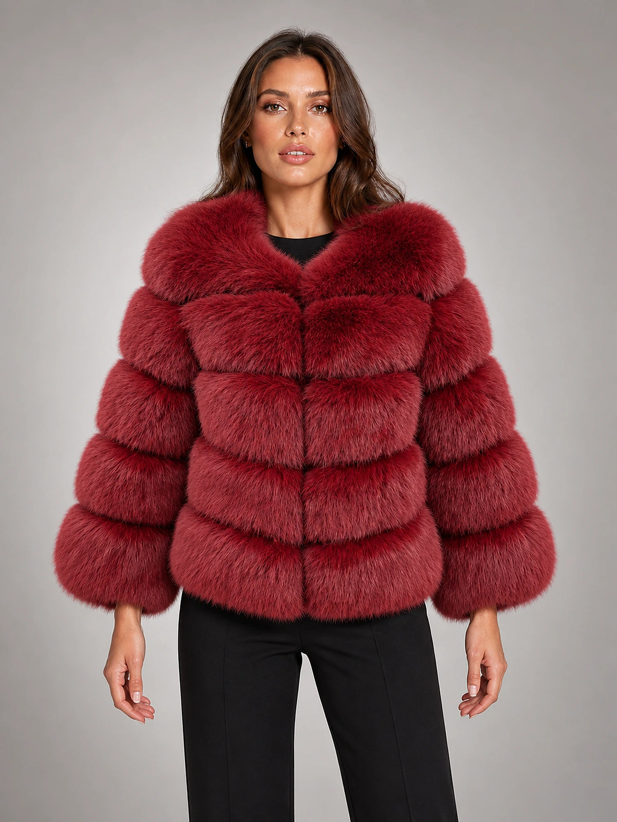Women's Faux Fur Coat – Short Fluffy Jacket in Wine Red — front view