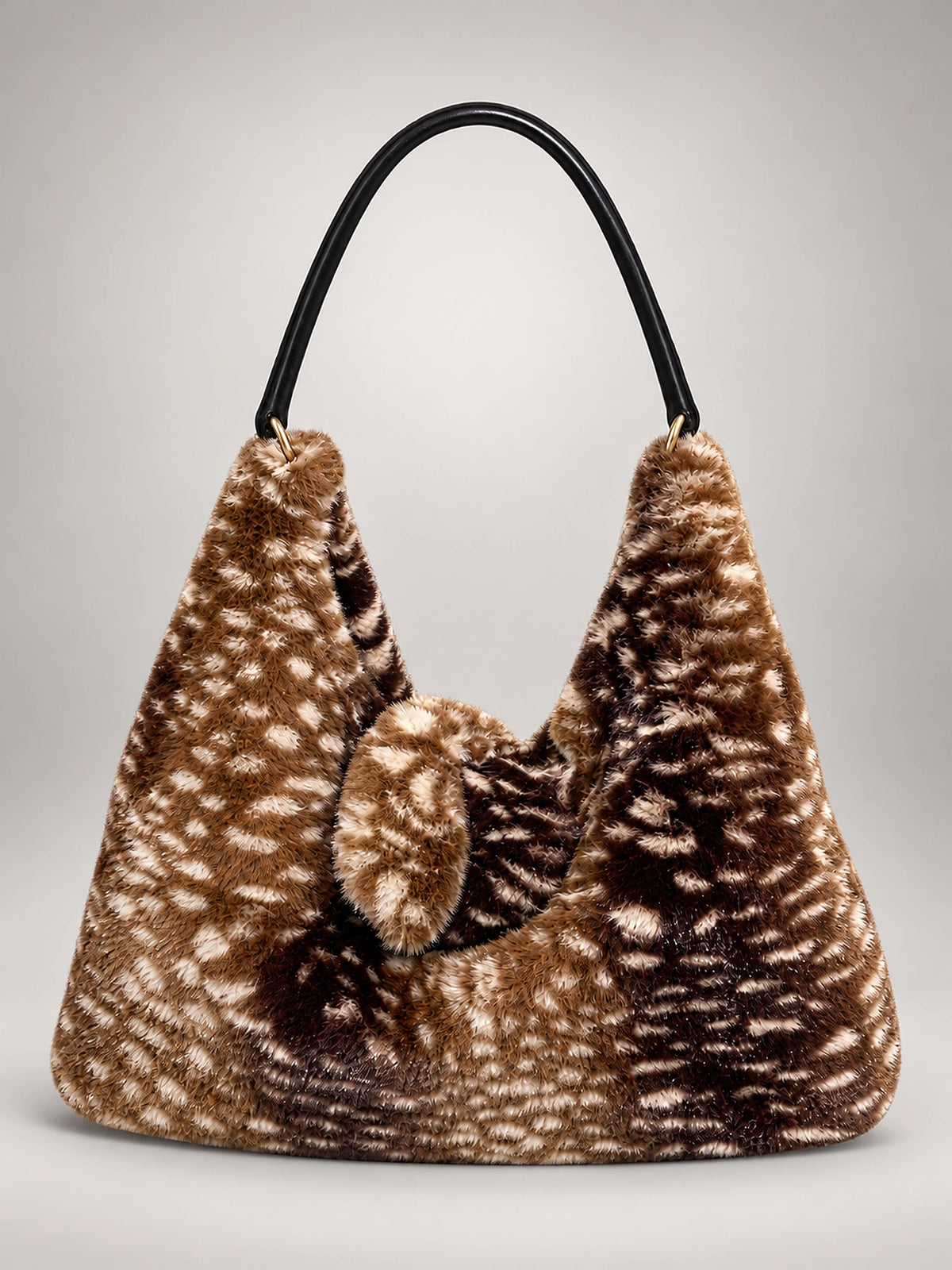 Women's Faux Fur Tote Bag – Fluffy Shoulder Bag in Coffee Deer Print — front view