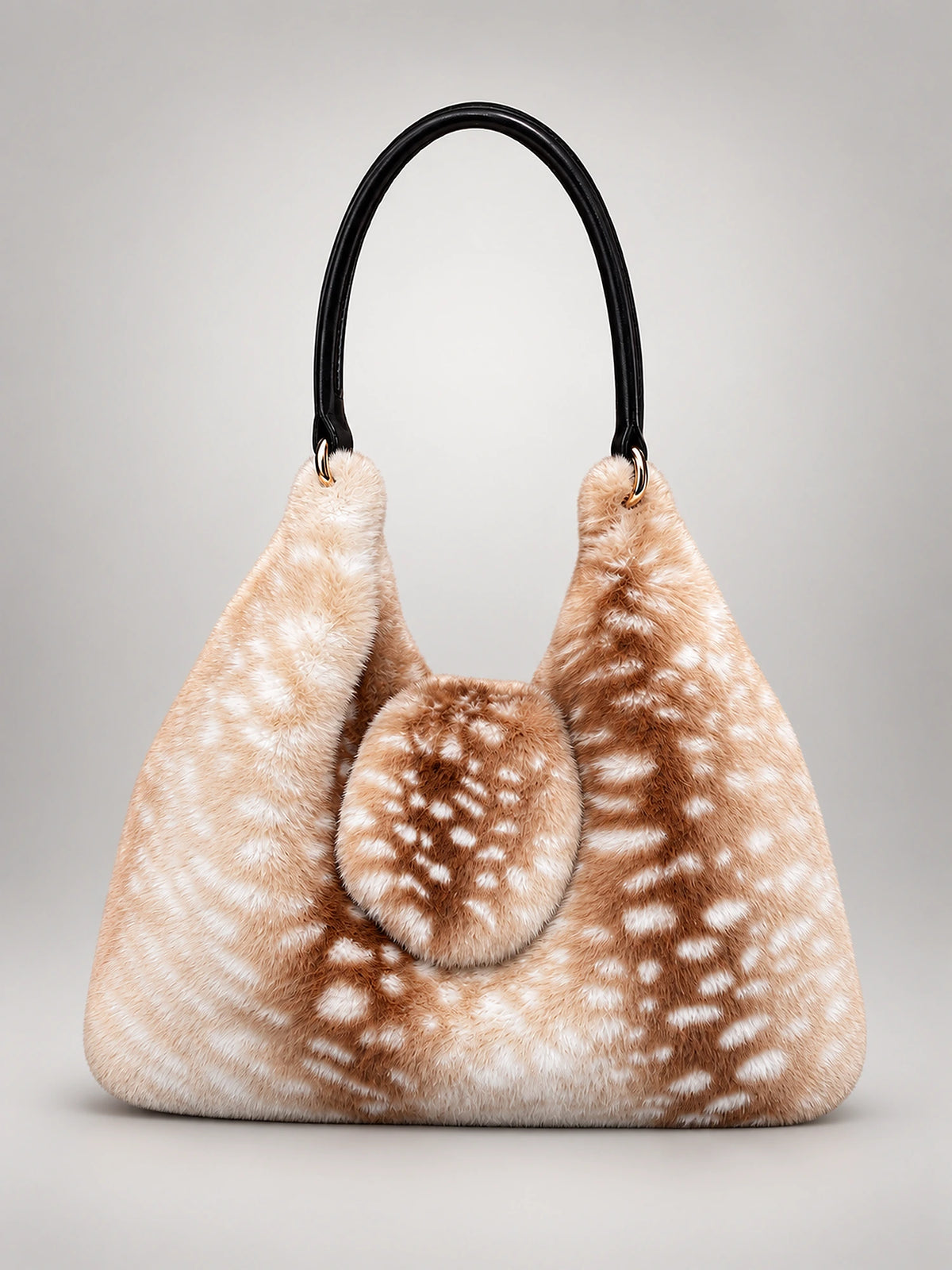 Women's Faux Fur Tote Bag – Fluffy Shoulder Bag in Khaki Deer Print — front view