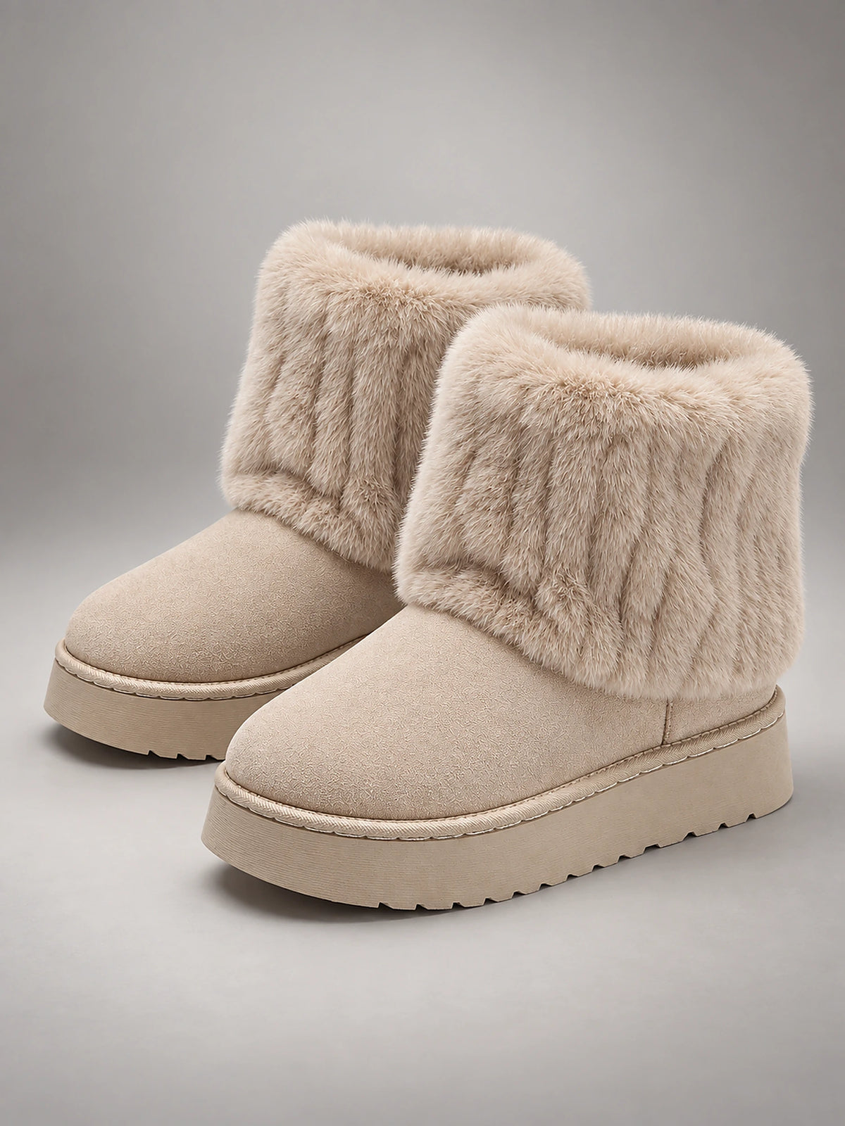 Women's Faux Leather Snow Boots – Plush Lined Ankle in Beige — front view