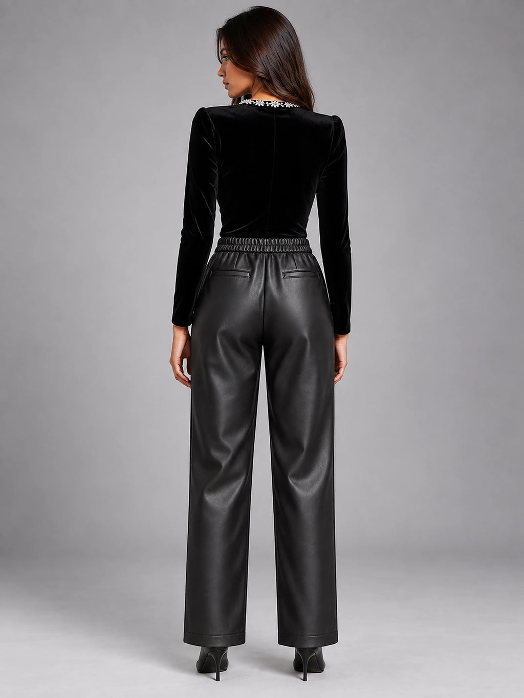 Women's Faux Leather Trousers – Elastic Waist Ankle Length in Black — back view