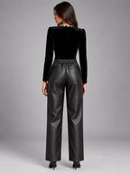 Women's Faux Leather Trousers – Elastic Waist Ankle Length in Black — back view