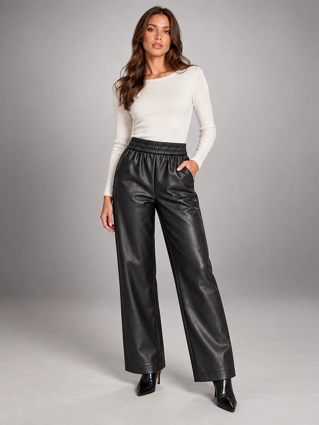 Women's Faux Leather Trousers – Elastic Waist Ankle Length in Black — alternate view