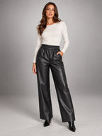 Women's Faux Leather Trousers – Elastic Waist Ankle Length in Black — alternate view