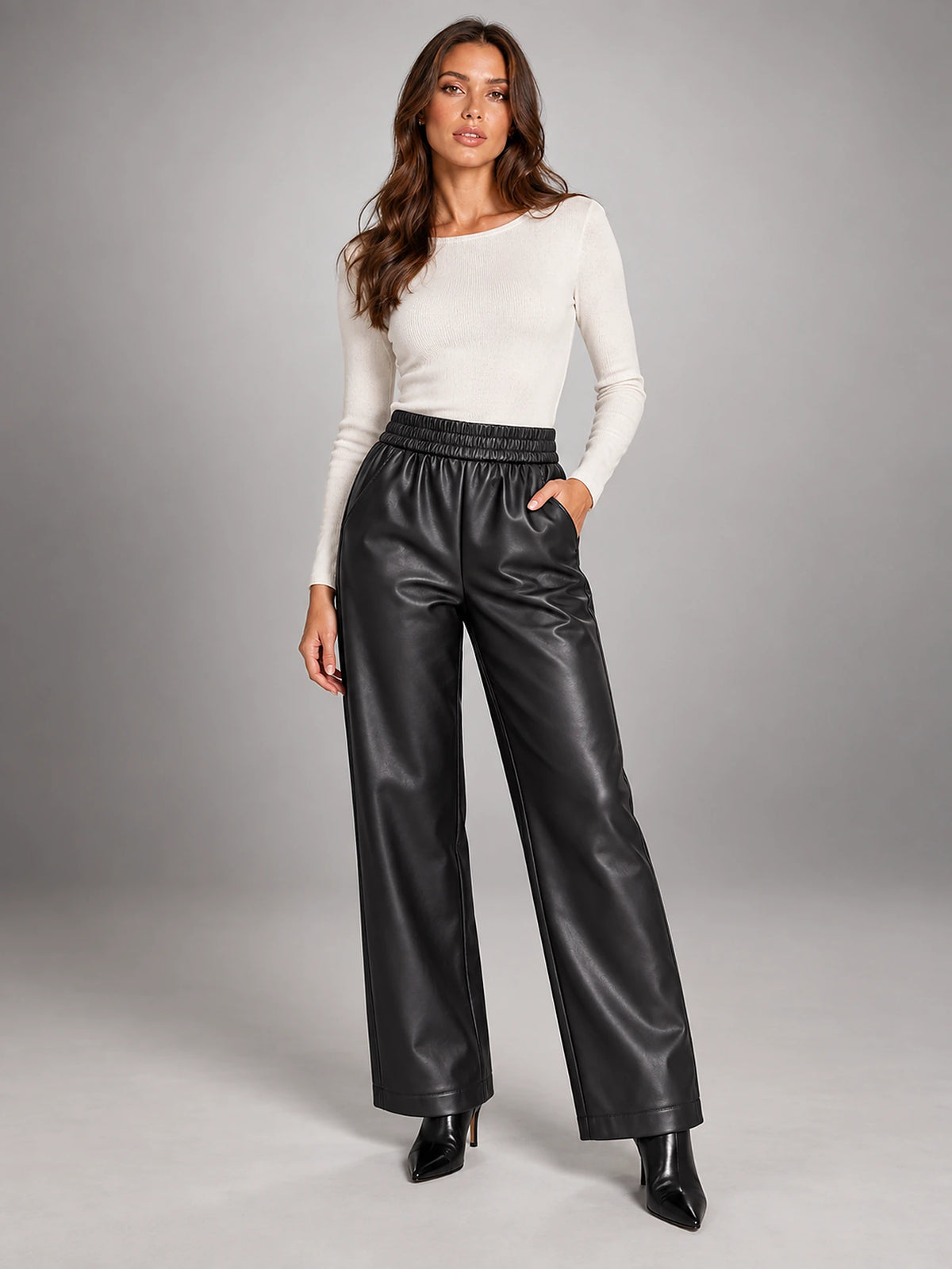 Women's Faux Leather Trousers – Elastic Waist Ankle Length in Black — alternate view