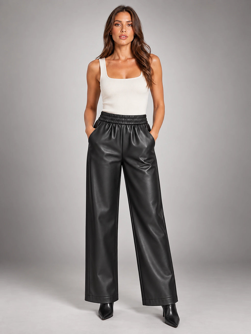 Women's Faux Leather Trousers – Elastic Waist Ankle Length in Black — front view