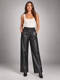 Women's Faux Leather Trousers – Elastic Waist Ankle Length in Black — front view