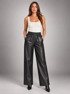 Women's Faux Leather Trousers – Elastic Waist Ankle Length in Black — front view