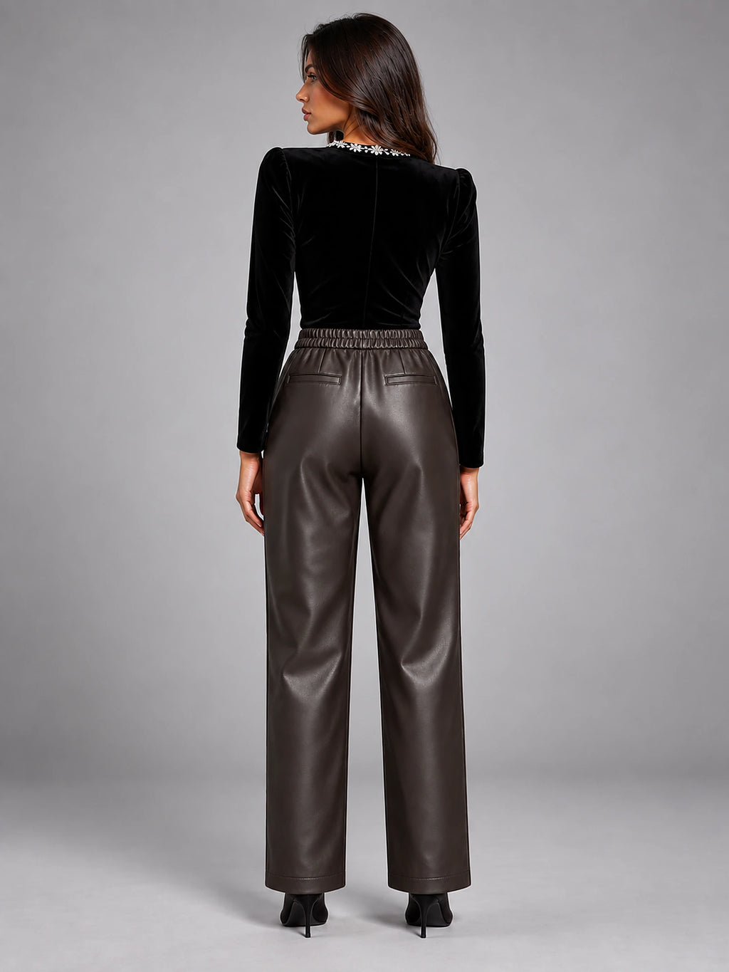 Women's Faux Leather Trousers – Elastic Waist Ankle Length in Brown — back view