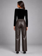 Women's Faux Leather Trousers – Elastic Waist Ankle Length in Brown — back view