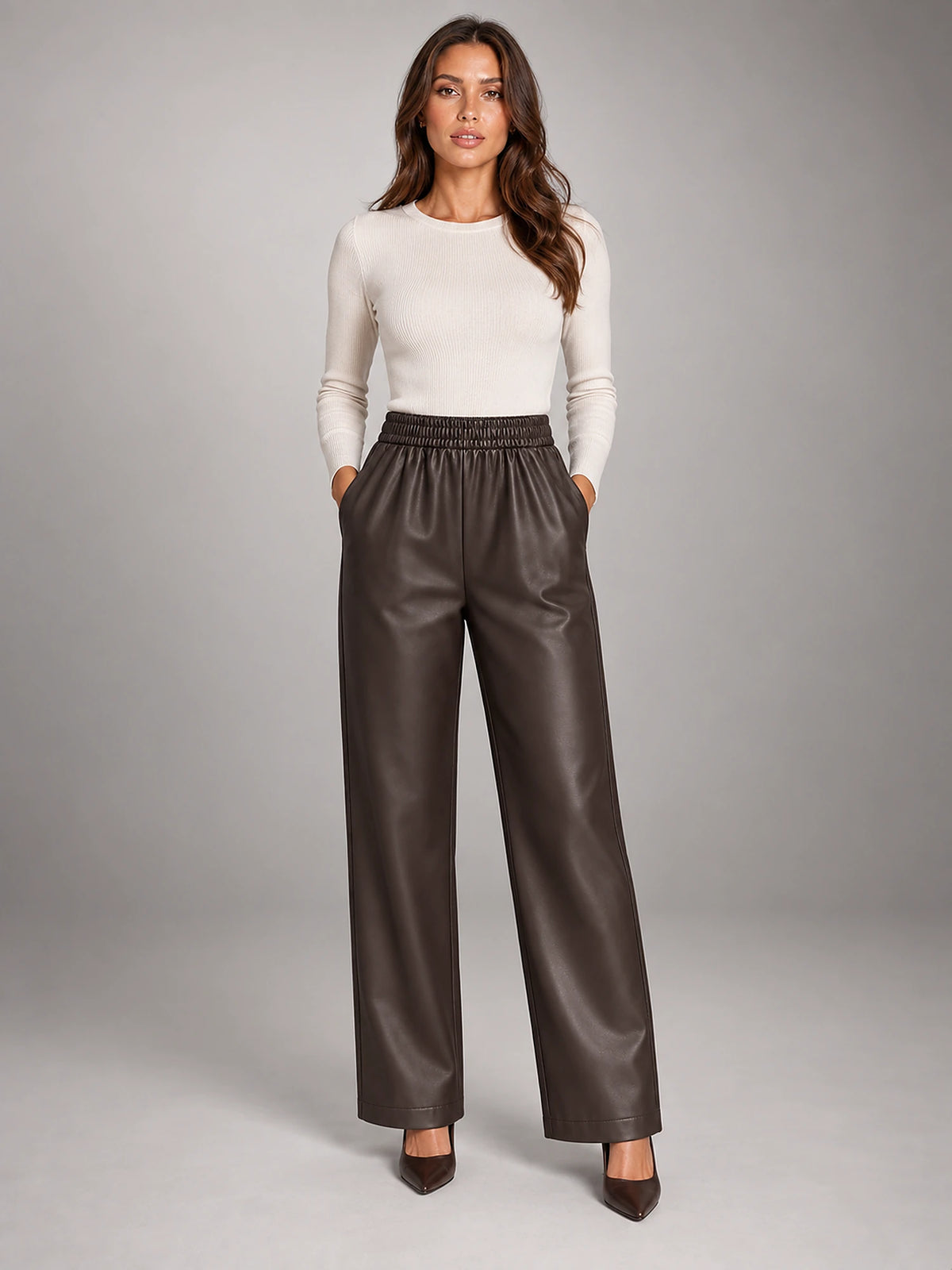 Women's Faux Leather Trousers – Elastic Waist Ankle Length in Brown — front view