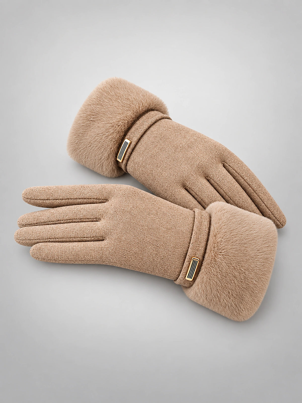 Women's Faux Suede Gloves – Touchscreen Plush Lined in Khaki — front view
