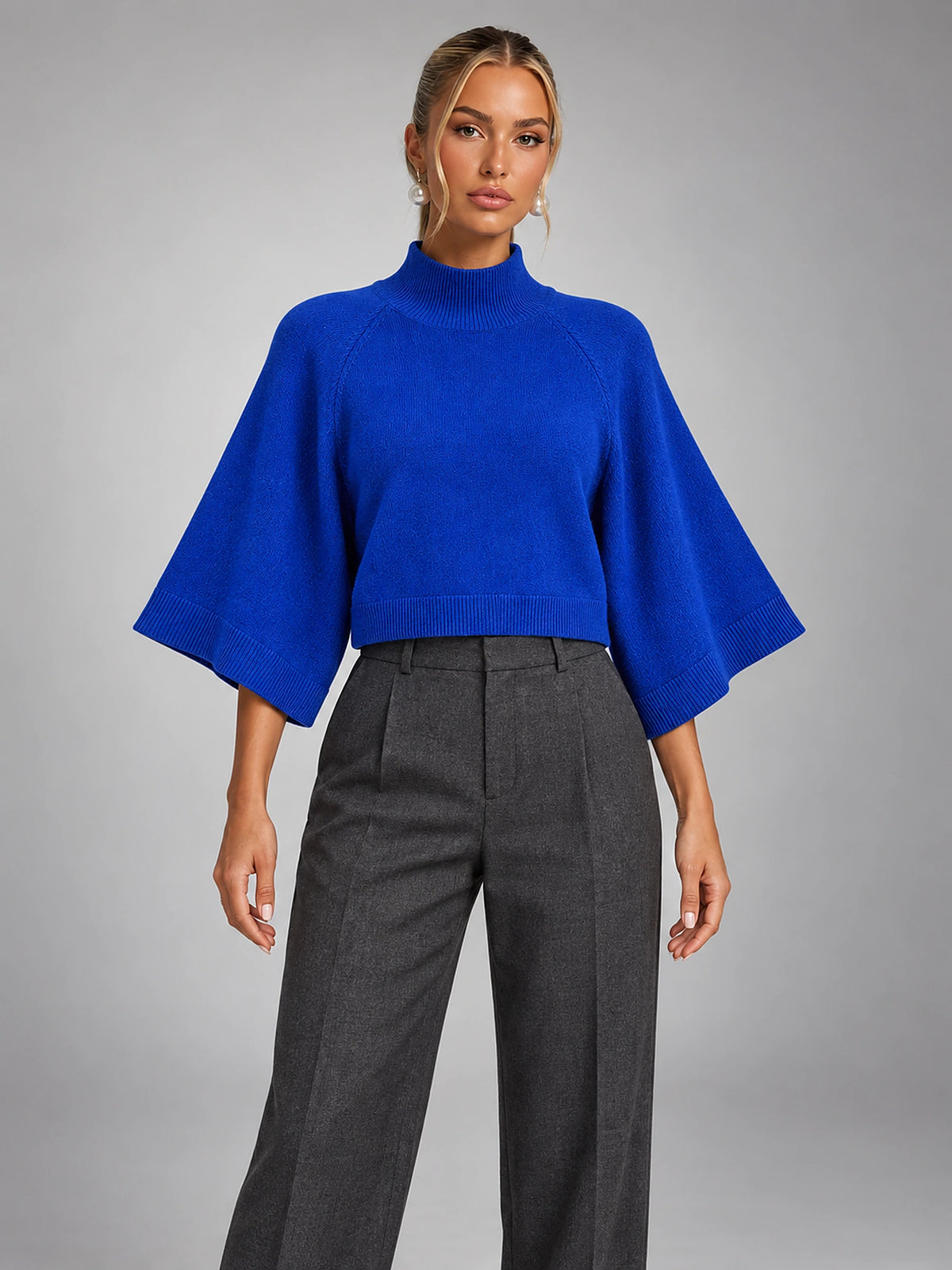 Women's Flared Sleeve Cropped Jumper – Relaxed Knit in Blue — front view