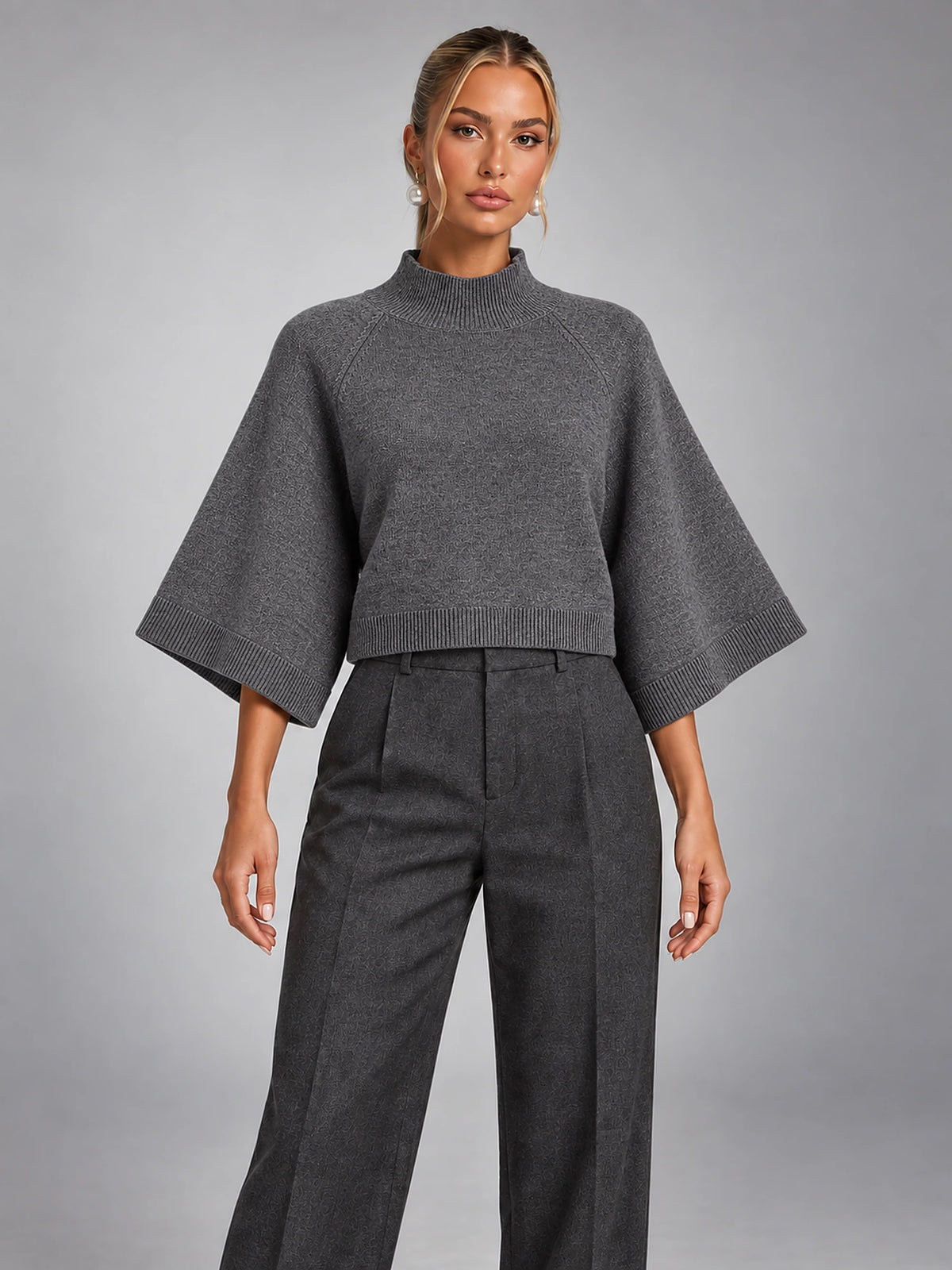 Women's Flared Sleeve Cropped Jumper – Relaxed Knit in Dark Grey — front view