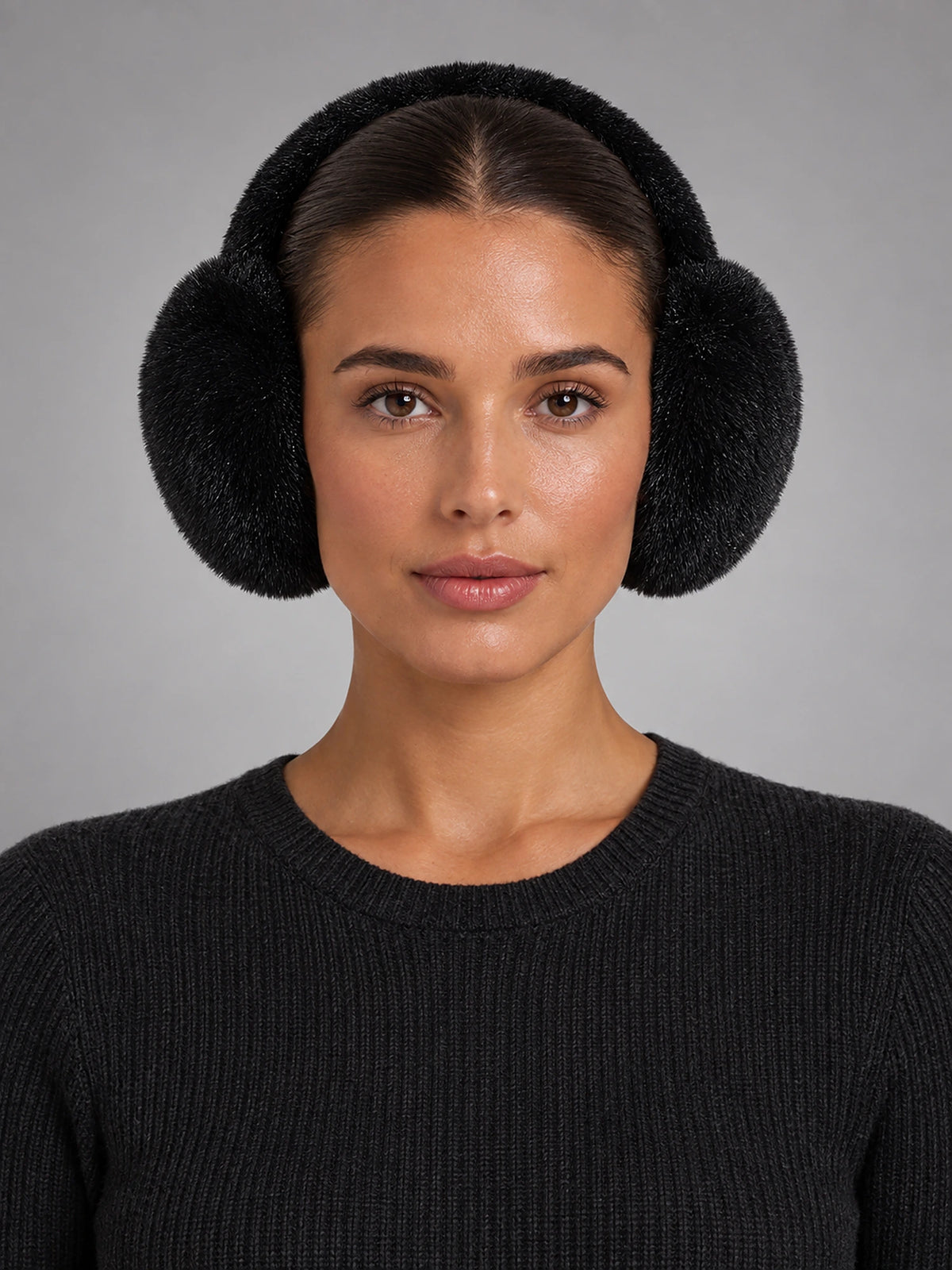 Women's Fleece Earmuffs – Stretchy Ear Warmers in Black — front view