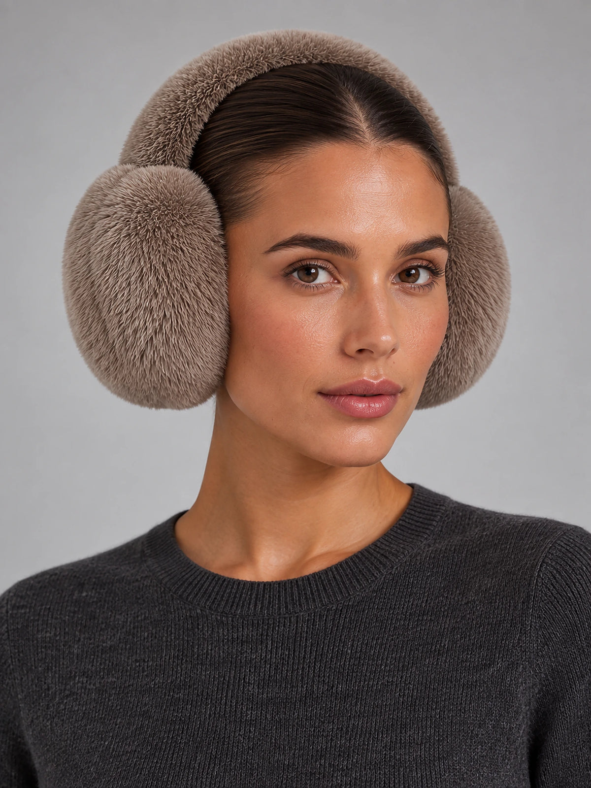 Women's Fleece Earmuffs – Stretchy Ear Warmers in Light Brown — front view