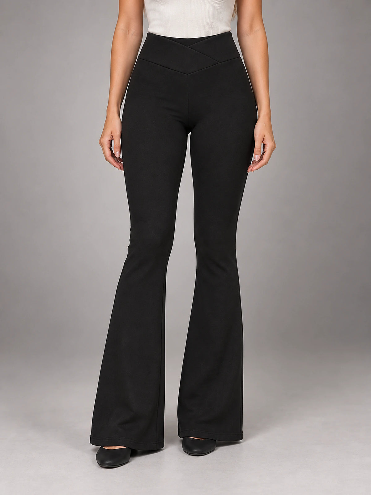 Women's Fleece-Lined Flared Leggings – High Waisted in Black — front view