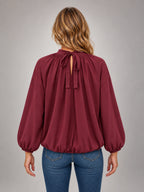 Women's Floral Print Blouse – Back Tie Cut-Out in Burgundy — back view