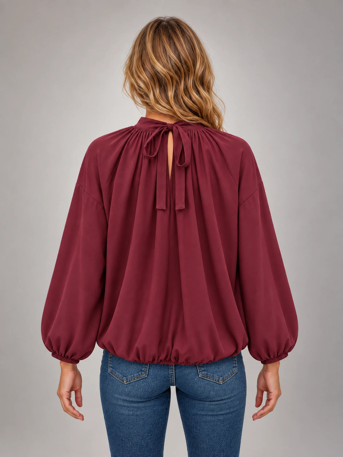 Women's Floral Print Blouse – Back Tie Cut-Out in Burgundy — back view