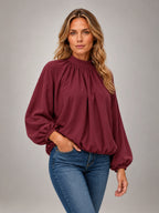 Women's Floral Print Blouse – Back Tie Cut-Out in Burgundy — alternate view