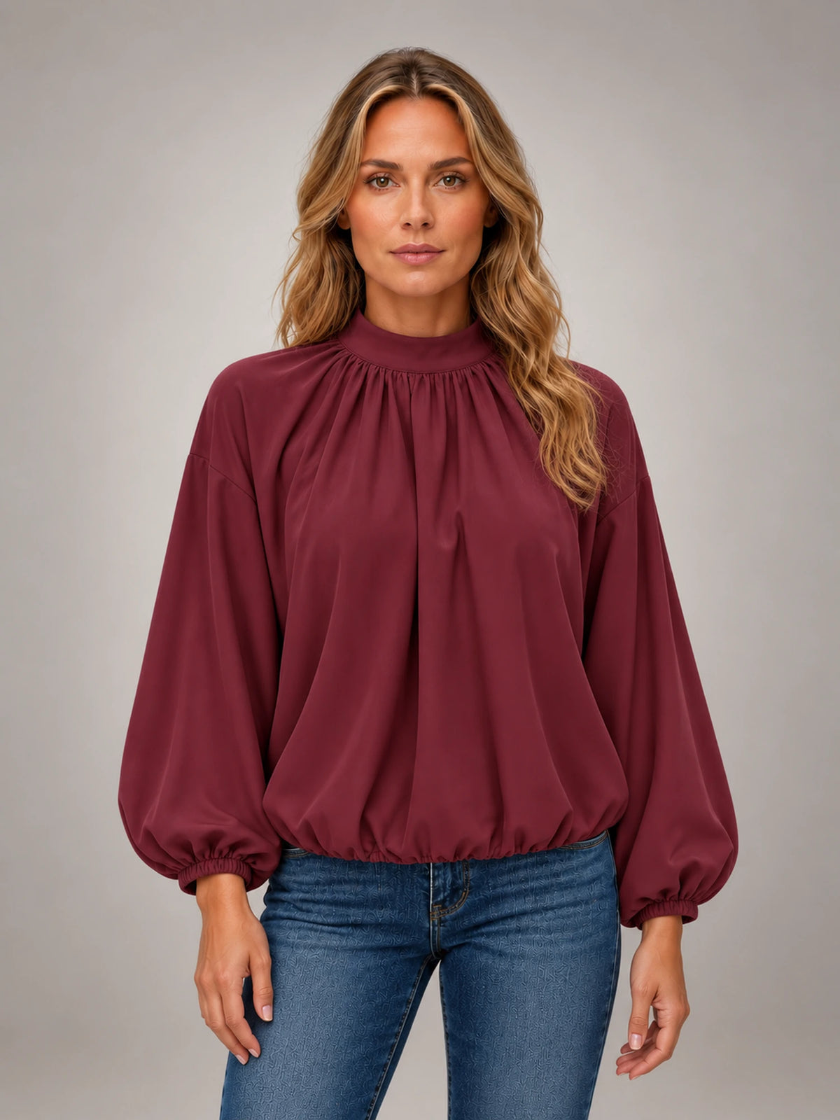Women's Floral Print Blouse – Back Tie Cut-Out in Burgundy — front view