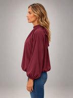 Women's Floral Print Blouse – Back Tie Cut-Out in Burgundy — side view