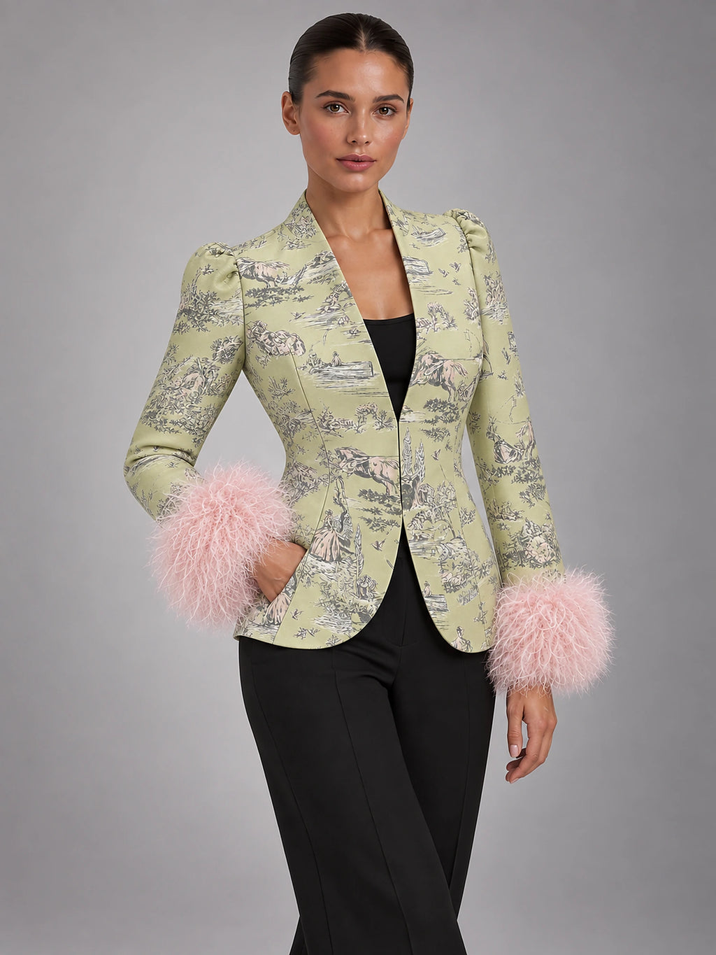 Women's Faux Fur Trim Jacket – Cropped Tailored in Sage Brocade — alternate view